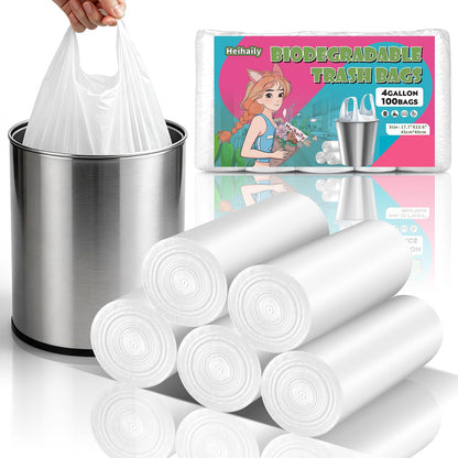 4 Gallon Small Trash Bags Biodegradable - Unscented 100-Pack White Garbage Bag with Handles Strong Thick Can Bin & Waste Basket Liner for Kitchen, Pet Area, or Home Office Heihaily
