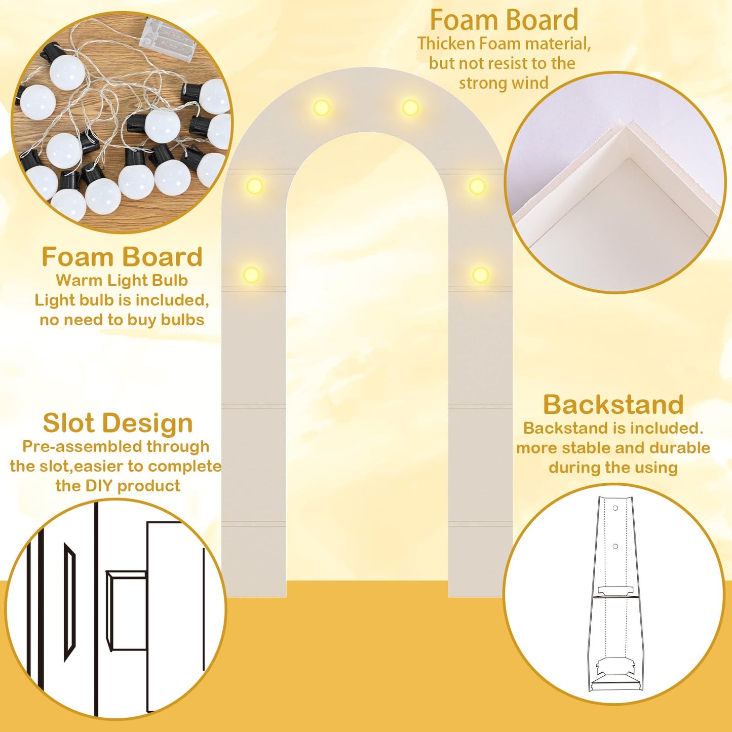 White Arch Backdrop Stand with Lights, Balloon Arch Frame, Foam Board Arch for Graduation, Birthday, Wedding, Baby Shower & Party Decorations