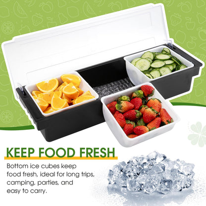 POWLAB Ice Cooled Condiment Serving Container Fruit Veggie Condiment Caddy Plastic Garnish Station with Lid for Fruit,Ice Cream,Salad Bar-Topping Organizer for Restaurant Supplies (3 Compartments)