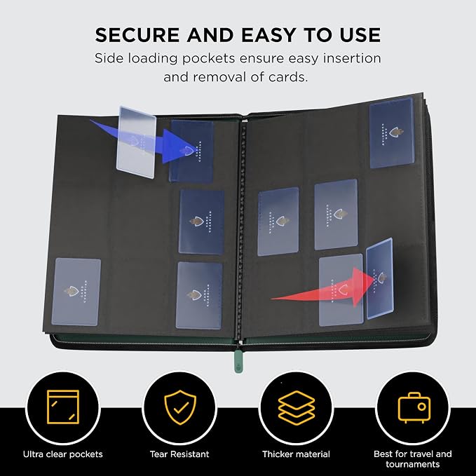 Card Guardian - 9 Pocket Premium Binder with Zipper for 360 Cards Trading Card Games TCG (Green) Side Loaded Pockets Compatible with Yugioh Cards MTG Binder Sports Card Binder