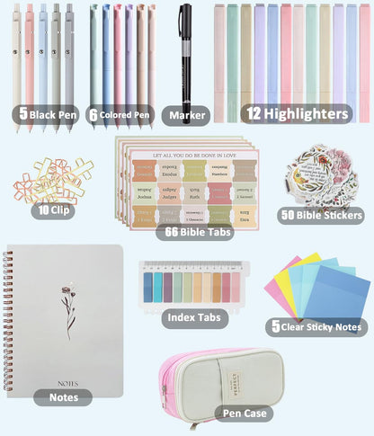 Bible Study Supplies Journaling Kit With Tabs, Highlighter, Notebook and Pen Case - Annotation Kit, Study Group Essentials Accessories Set for Women, Students, Beginner Christian Gifts