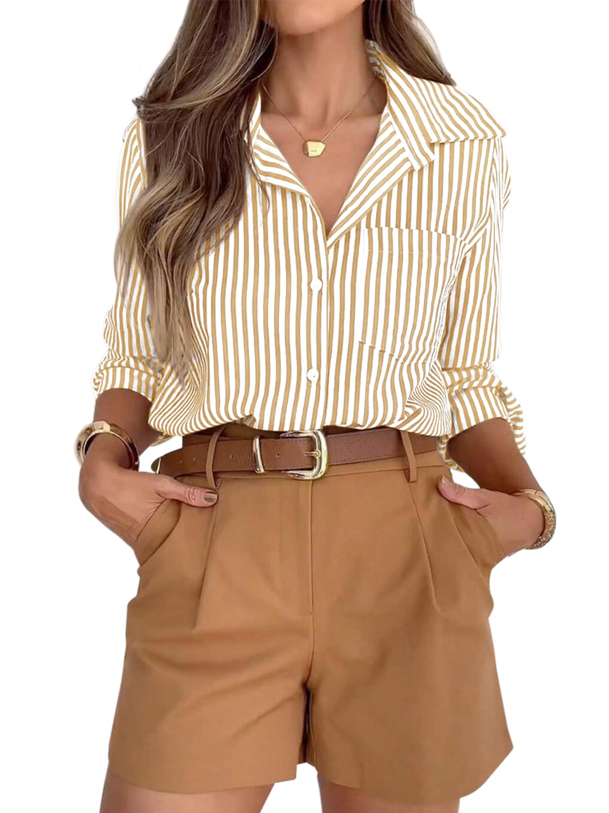 siliteelon Striped Button Down Shirts for Women Dress Shirts Long Sleeve Casual Collared Office Work Shirt with Pocket
