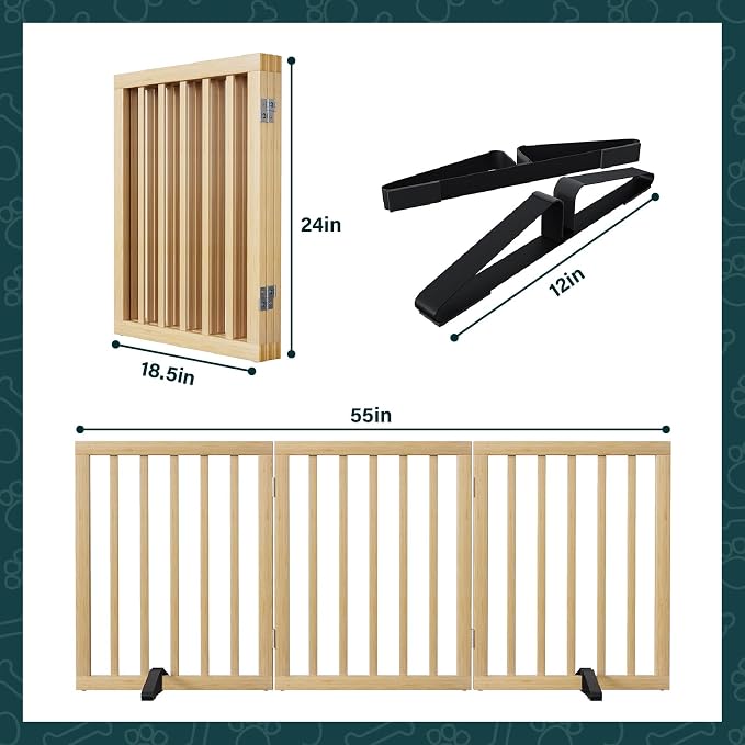 Semiocthome Bamboo Freestanding Dog Gates for Doorways, 3-Panel Indoor Puppy Gates for The House with 2 Metal Stands, 24"(H) Folding Pet Gate for Stairs Expands Up to 55"(W) No Installation Resquired
