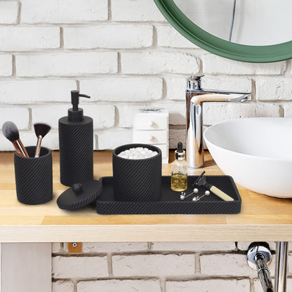Black Bathroom Accessories Set 4 Pcs - Toothbrush Holder,Lotion Soap Dispenser,Qtip Holder Dispenser,Vanity Tray for Countertop Vanity Organizer,Bathroom Accessory Set
