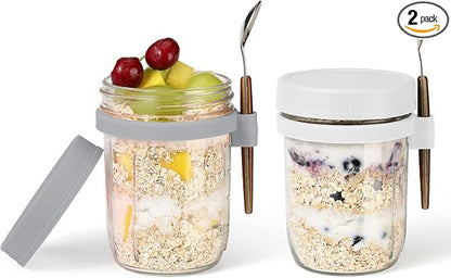 16oz Glass Mason Overnight Oats Jars, Cereal, Yogurt, Salad Lunch,Glass Overnight Oats Containers with Lids and Spoon, Container with Measurement Marks - (Grey&White-2Pcs)