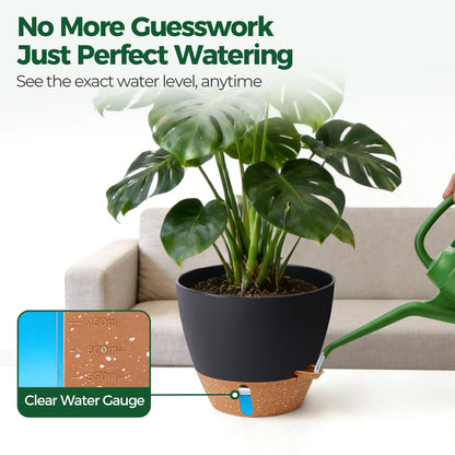 T4U 5 Pack Self Watering Pots (6"+8"+9"+10"+12") - Water Level Indicator & Deep Reservoir, Mess-Free Planters for Busy People, Beginners & Gardeners, Fit Most Plants, Indoor Outdoor Use (Black)