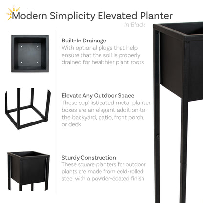Sunnydaze Modern Simplicity 8.25" Square Metal Raised Planter Box with Legs - Set of 2 - Indoor or Outdoor Use - Black - 27" H