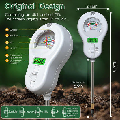 6-in-one Soil Test Kit-Soil Moisture Meter/PH Meter/Fertility/Sunlight Intensity Soil Tester, LCD Air Hygrometer&Temperature Moisture Meter for Plants-Garden, Lawn,Farm,1 Pack Detachable Probe