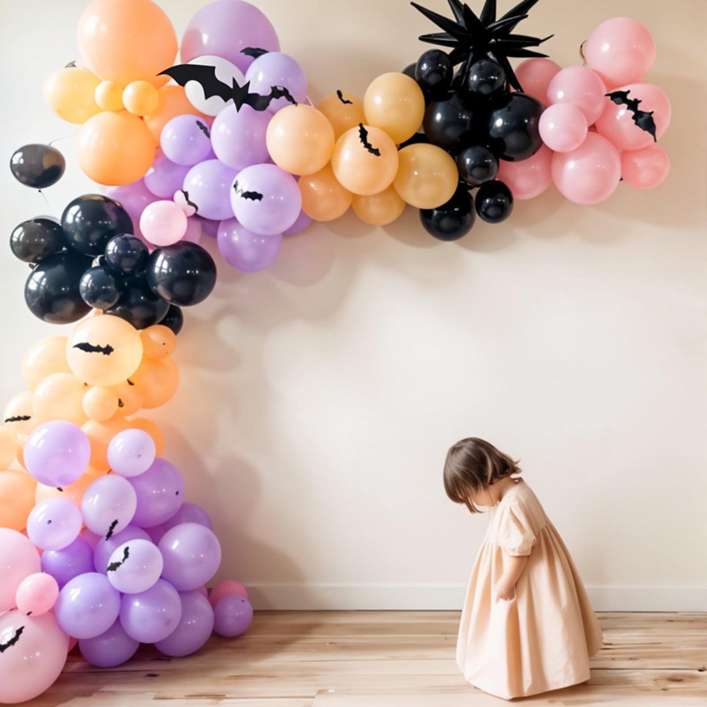 Halloween Balloon Arch Garland Kit, Black Macaron Pink Orange Sand White Balloons, Ghost and Star Foil Balloon, Fake Spider Webs for Kid Girl Halloween Birthday Party Decorations Baby Shower Backdrop