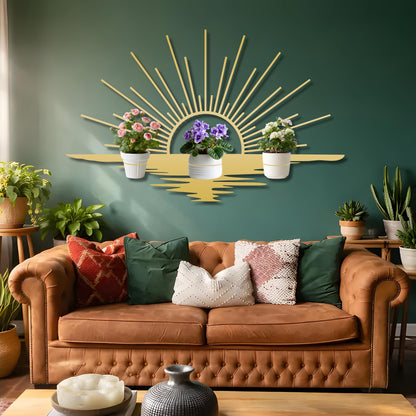 Glethua Sunrise Metal Wall Mount Plant Holder, Sun Wall Plant Holder, Sunshine Metal Hanging Planter for Living Room, Kitchen, Bathroom (Black, 59"x 35"| 150x89cm, 4 Pack 4" Flower Pot Holder Ring)