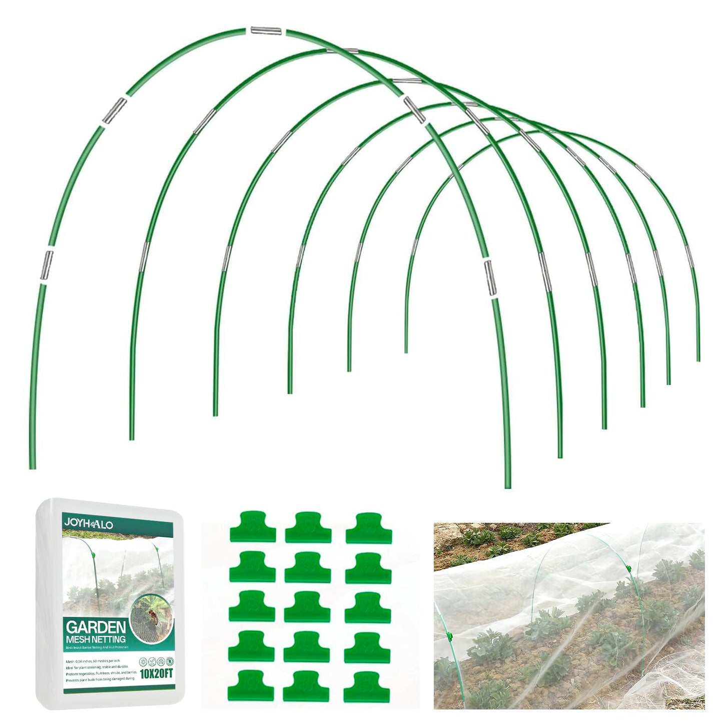 joyhalo 36pcs Garden Hoops for Raised Beds, Garden Mesh Netting Kit with 10x20 Ft Net, Bird & Cicada Netting for Trees, Garden Mesh Protection for Greenhouse, Vegetable, 18 Clips Included