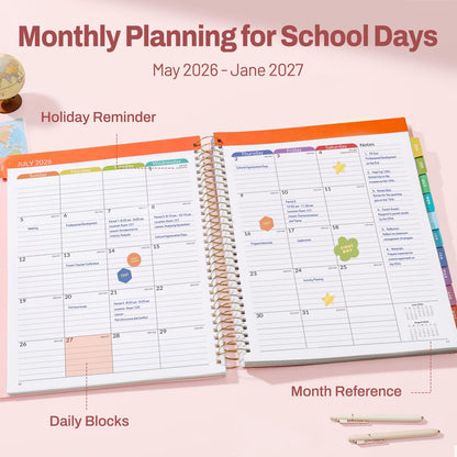 SUNEE Deluxe Teacher Planner 2026-2027, Lesson Planner Book with 7 Periods Jul 2026 - Jun 2027, 8.5" x 11" Daily Weekly and Monthly Organizers with Colorful Tabs, Planning Stickers,120gms Paper, Pink