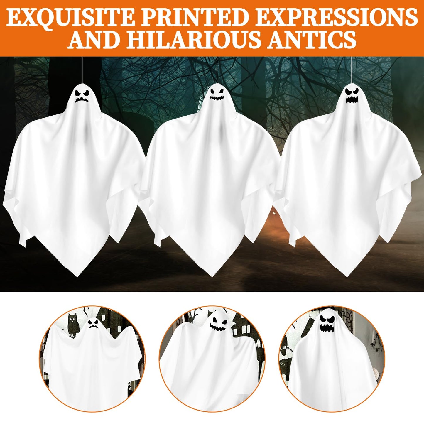3 Pack Halloween Hanging Ghosts Decor, Outdoor Hanging Ghosts, Ghost of Halloween Decorations, 28" Flying Ghost Halloween Party Decor for Front Yard Patio Lawn Garden Trees Indoor Outside Holiday