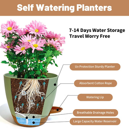 LIFFY Plant Pots, 8,7.5,7,6.5,6,5.5,5 Inch Plastic Self Watering Planters with Drainage Holes & Saucers, 7-Pack Green Nursery Planting Pot with Deep Reservoir for Indoor Outdoor Plants
