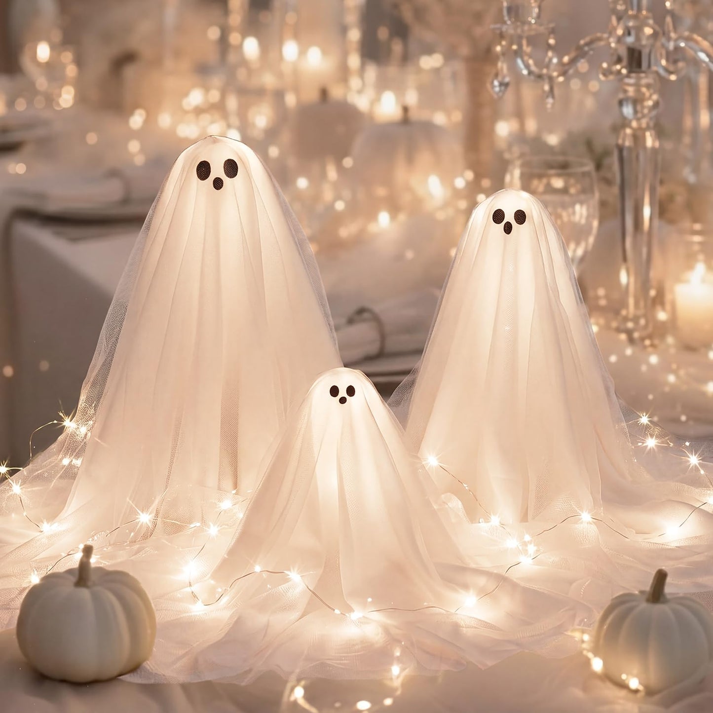 Woanger 3 Pieces Lighted Halloween Ghost Table Decor with LED Light Strip White Spooky Ghost Tabletop Lamp on Wooden Base for Indoor Halloween Party Mantel Shelf Home Decorations