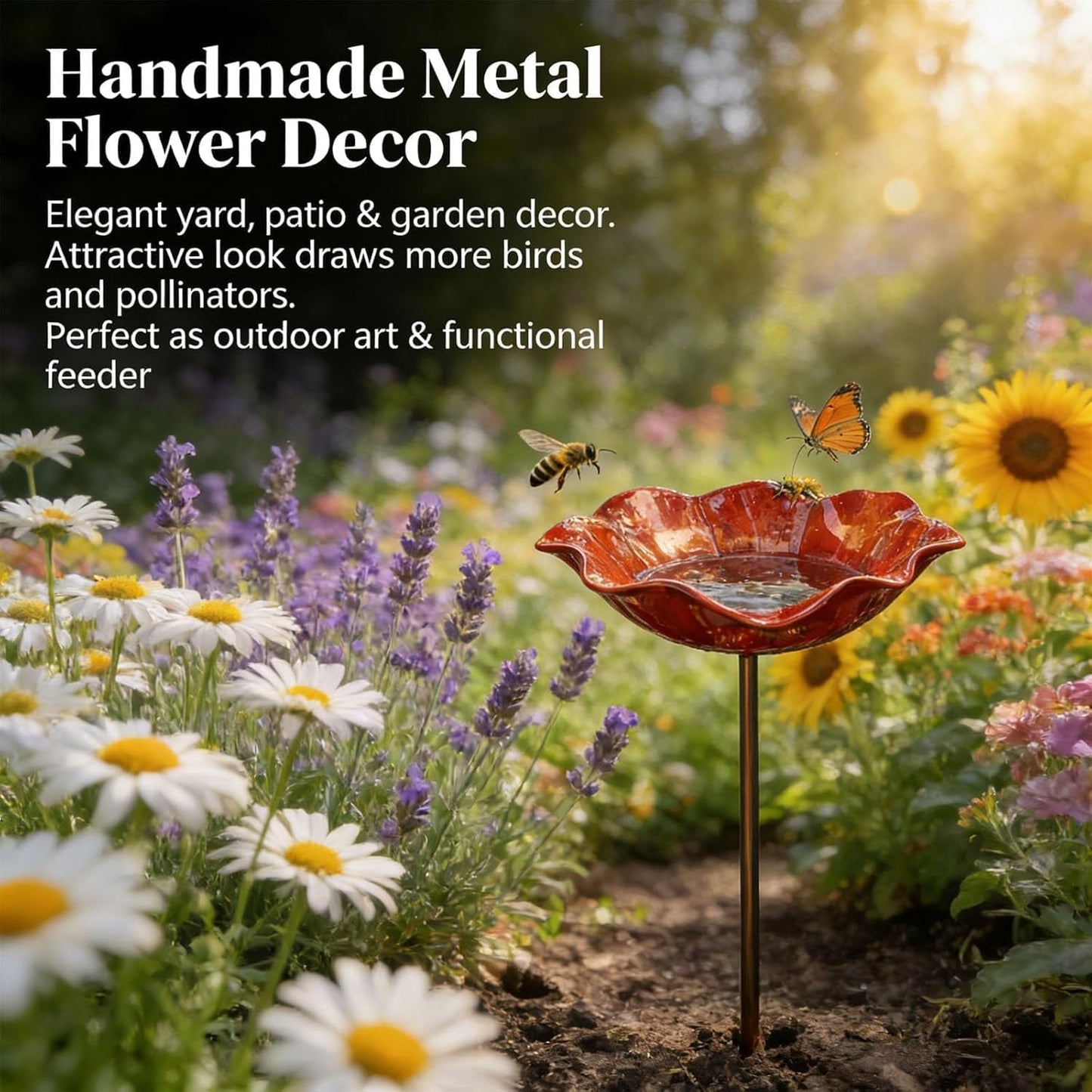 Handmade Metal Flower Garden Stake with Bird Bath & pollinator Water Station, Bee Bath for Garden Metal Bee Water Feeder with Flower Design for Outdoor Yard Decor