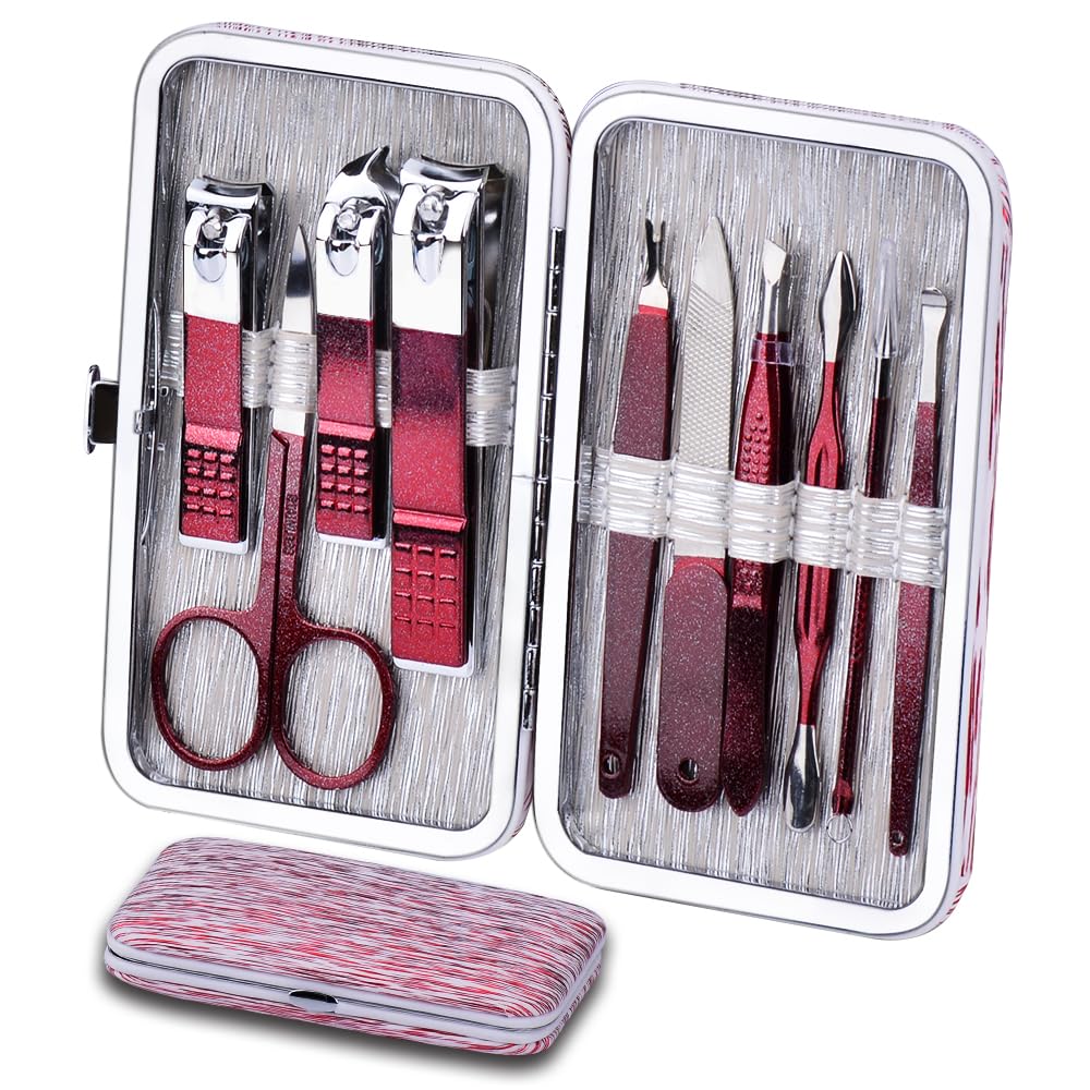 Manicure Set 10 in 1 Stainless Steel, Nail Clippers Scissors Pedicure Tools Kit - Portable Travel Grooming Kit for Men and Women with Leather Case (Jade Green)
