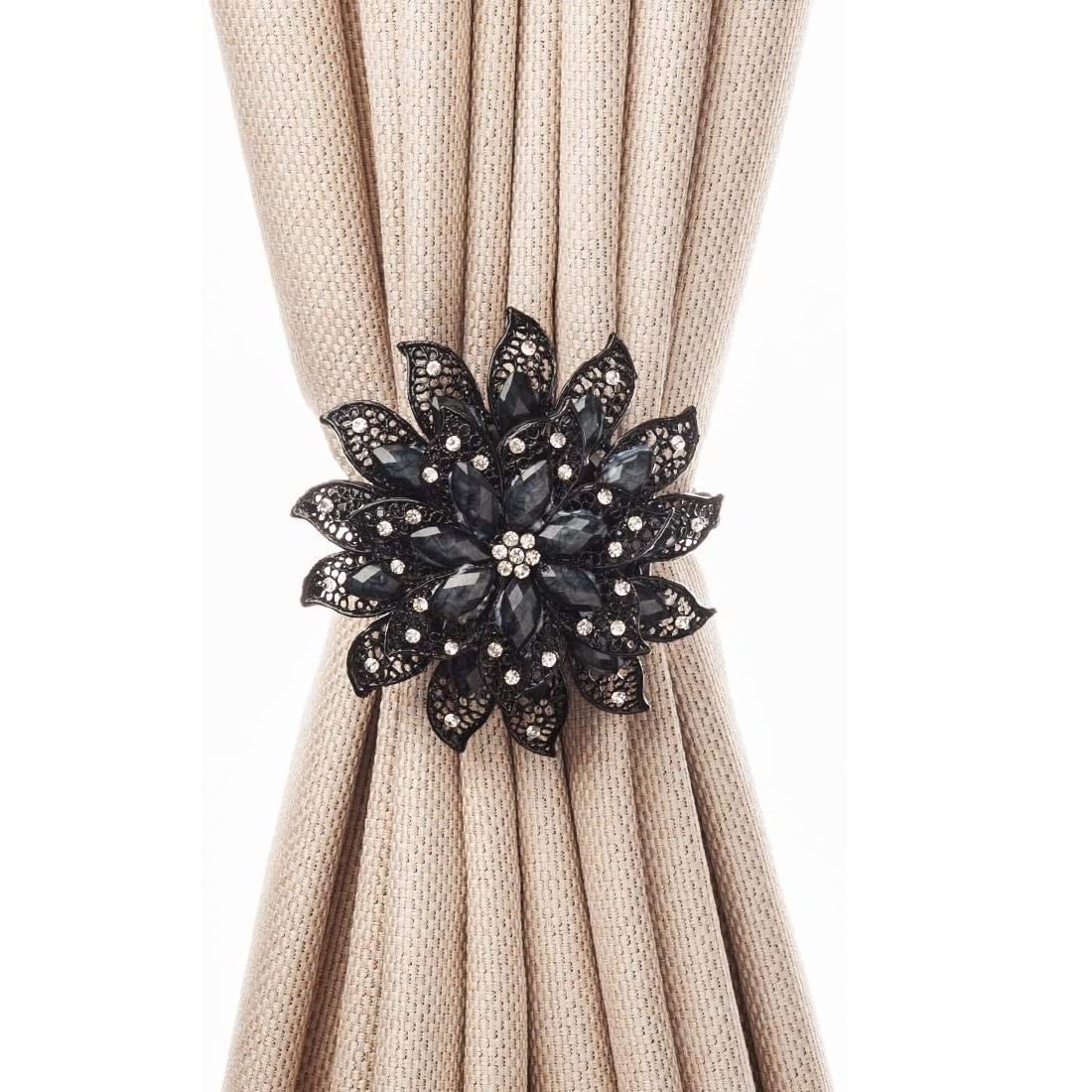 SUQ I OME Classic Luxury Big Crystal Curtain Magnetic Tieback Flower Curtain Clips Buckle with Stretchy Wire Rope for Home Office Decoration(Black,2PCS)