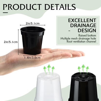 Sliner 200 Pcs 2 Inch Plastic Nursery Pot Mini Seedling Planter Flower Planting Pots Plastic Planters with Drainage Holes for Outdoor Indoor Flower, Starting Seedlings, Black, Clear