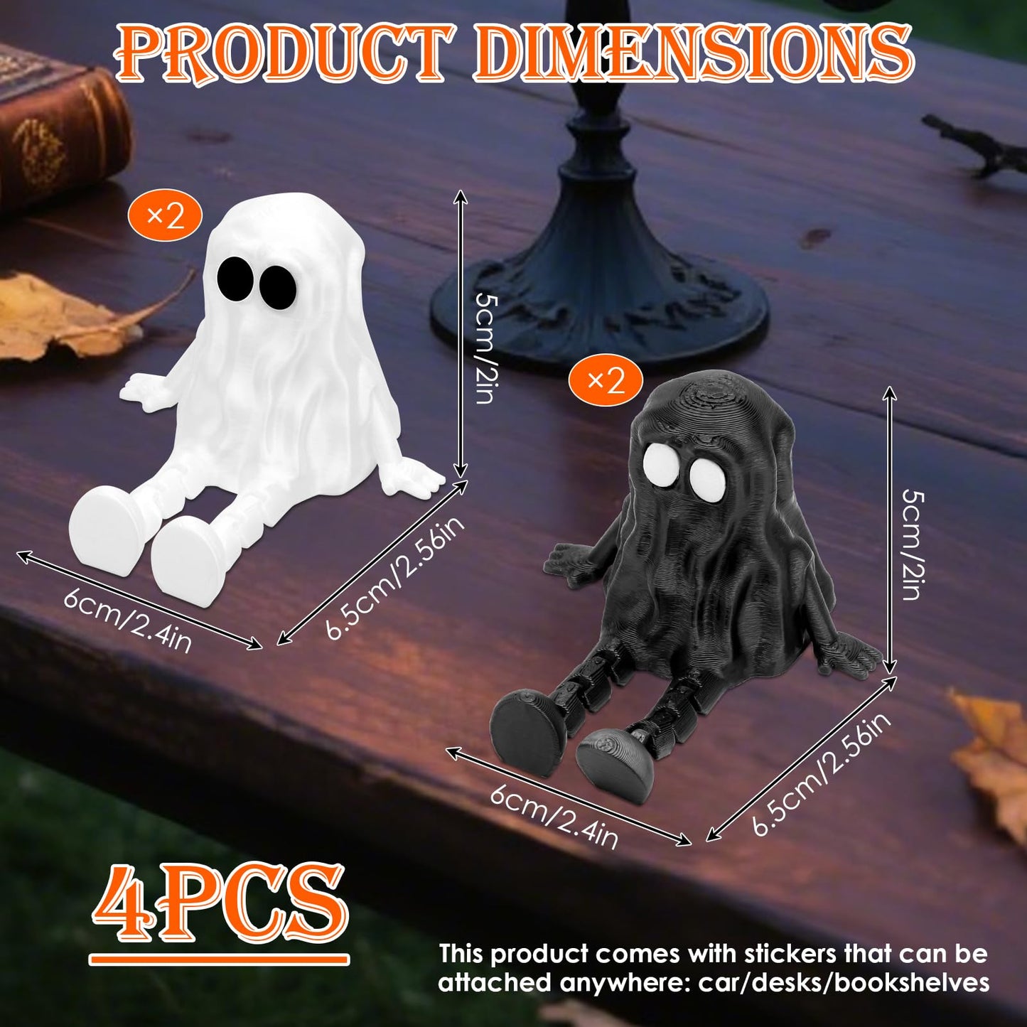 Aqzaxora 4Pcs Halloween Decorations,Ghost Decor Shelf Sitter Decorations, Outdoor,3D Printed Resin Statue, Joint Movable Figurines Bookshelf/Desk Centerpiece Shelf & Mantel Display for Halloween