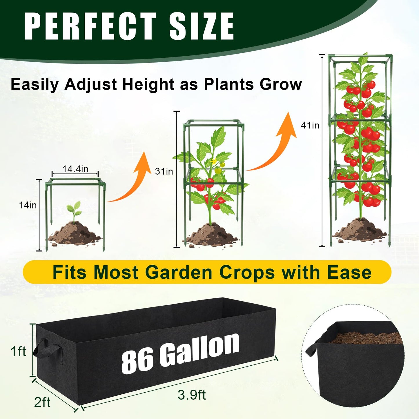 BobbleT 3 Pack Heavy Duty Tomato Cages with 86 Gallon Grow Bag, 41" Adjustable Tomato Trellis for Raised Garden Bed, Sturdy Square Plant Support for Climbing Vegetables, Cucumbers & Garden Plants