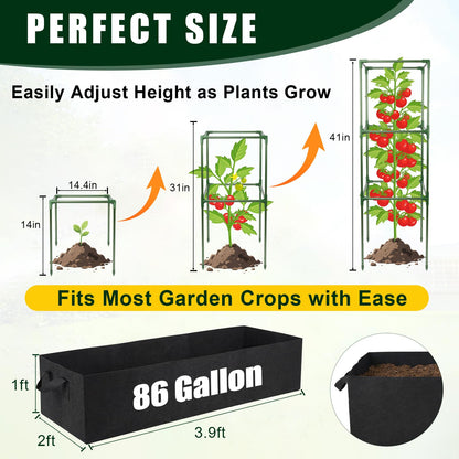 BobbleT 3 Pack Heavy Duty Tomato Cages with 86 Gallon Grow Bag, 41" Adjustable Tomato Trellis for Raised Garden Bed, Sturdy Square Plant Support for Climbing Vegetables, Cucumbers & Garden Plants