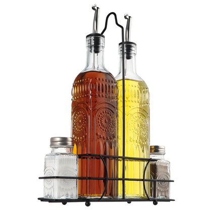 MDLUU Glass Oil and Vinegar Cruet Set, Salt & Pepper Shakers with Holder