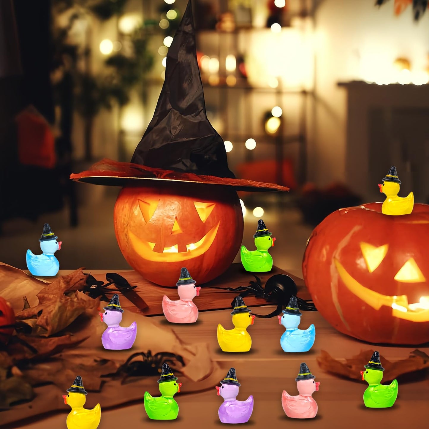 Feivando 50 Pcs Halloween Luminous Mini Resin Ducks Glow in The Dark Tiny Little Duck Figures with Witch Hat Miniature Figurines for Halloween Crafts Micro Landscape Fairy Garden Party Decor