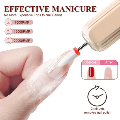 Professional Nail Drill Set, 2,0000 RPM Electric Nail File with 12 Grinding Head & 100Pcs Sanding Bands for Acrylic Gel Nails, Manicure and Polishing (Beige)