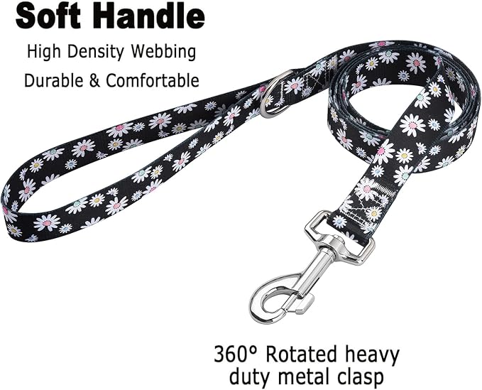 MarukoPet Dog Collar and Leash Set, Adjustable for Small Medium Large Dogs Puppy, Cute Design with Bohemia Floral Tribal Geometric Patterns Boys Girls Dog Collar(Black Daisy Set,XS)