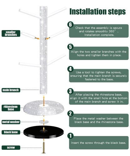 Mulixis Bling Mug Holder Tree, 360° Rotation Coffee Cup Holder with 6 Hooks Crystal Rhinestone Mug Tree Rack Aesthetic Design Home Organization（White）