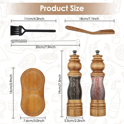 Foyucool Wooden Salt and Pepper Grinder Set with Wooden Tray and Spoon, 8 Inch Manual Salt and Pepper Mill, Adjustable Coarseness, Refillable with Ceramic Core for Spices, Clear Acrylic Chamber