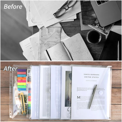 EOOUT 30Pcs Binder Folders, Binder Pockets, 11 Holes Clear Binder Organizer Poly Envelope with Hook and Loop Closure, Plastic Binder Folders for School and Office Supplies, Letter Size