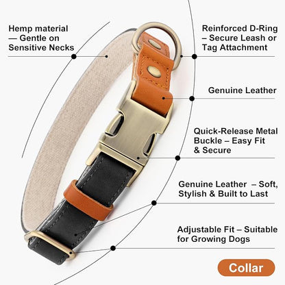 Plutus Pet Genuine Leather & Hemp Dog Collar – Adjustable Heavy Duty Pet Collar with Quick Release Metal Buckle, Soft & Stylish for Puppy and Small, Medium, Large Dogs (Black, M)