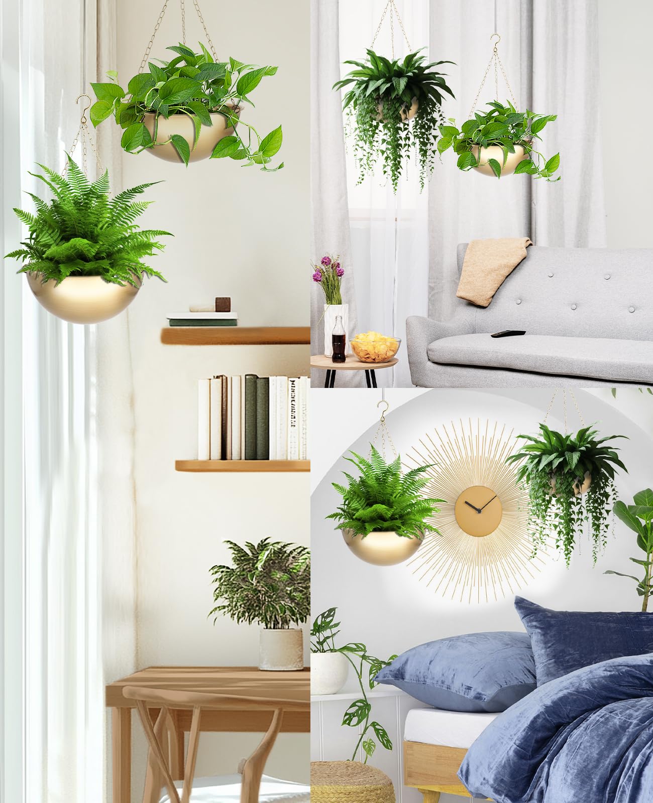 AceList 2 Pack Gold Hanging Planter for Indoor Plants - 9.8 Inch Boho Metal Plant Hanger Indoor with Hooks, Hanging Plant Holder for Window and Ceiling