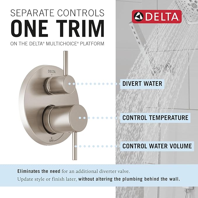 Delta Modern 14 Series Round Rain Shower System Faucet Set, Rainfall Brushed Nickel Shower Head and Handle Set, Valve Trim Kit, 10 Inch, Spotshield Stainless T342702-SP (Valve Not Included)