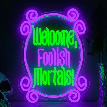 Welcome Foolish Mortals Neon Sign, Haunted Mansion Decor, Halloween Neon Signs for Wall Decor, Dimmable LED Spooky Gothic Coffin Neon Signs, Haunted Mansion Neon Sign for Halloween Party Man Cave