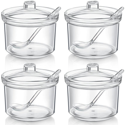Patelai 4 Pieces Sugar Bowl Acrylic Clear Sugar Bowl with Lid and Salt Spoon Storage Jar with Airtight Lid for Salt, Tea, Spices, Herbs, Condiments(13 oz)