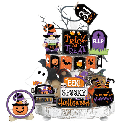 Umigy 15 Pcs Halloween Tiered Tray Decor Set Cute Ghost Tray Decorations Boo Halloween Wooden Signs Farmhouse Rustic Decoration for Home Table Party Supplies(Pumpkin)