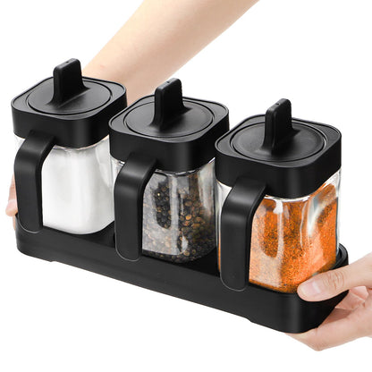 Mezchi Set of 3 Condiment Jar with Tray, 13.5 OZ Spice Container with Lids and Spoons, Glass Condiment Salt and Sugar Container Sets, Kitchen Seasoning Box for Salt Pepper Sugar Storage, Black