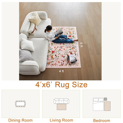 Triohero Bedroom Rug 4x6 Washable Non Slip Area Rug Bohemian Carpet Stain Resistant Spillproof Polyester Floral Area Rug Foldable Pet & Kid Friendly 4x6 Rug for Living Room, Bedroom, Kitchen