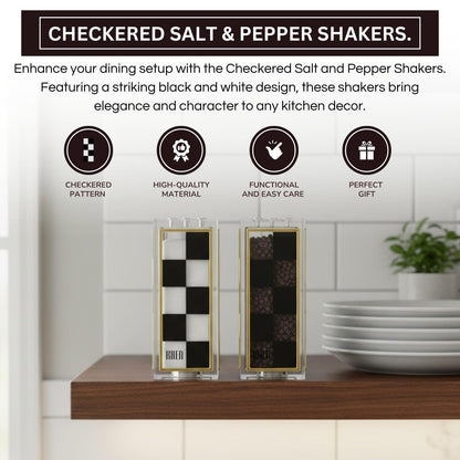Black and White Checkered Salt and Pepper Shakers Set - Luxurious Lucite Acrylic Square Design - Modern 2.4" x 3.5" Refillable Dispensers - Elegant Kitchen Decor, Dining Table Unique Housewarming Gift