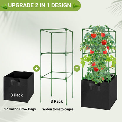 MQHUAYU 2 Pack Tomato Cages with 17 Gallon Grow Bags, 47” Heavy Duty Square Tomato Plant Stakes Support Cages Trellis for Garden Climbing Vegetables Flowers Fruits (47IN Tall, Extra-Bold)