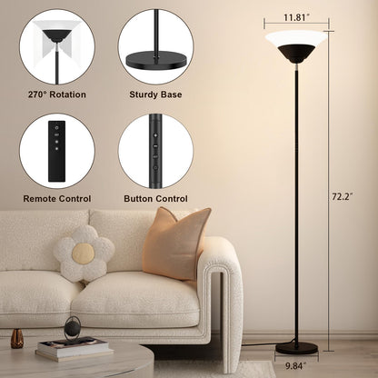 SIBRILLE Torchiere Floor Lamp, 72 Inch 30W LED Standing Lamp, 1800LM, Stepless Dimmable, 3000K-6500K, Remote and Button Control, Modern Pole Light for Living Room Bedroom Office, Black