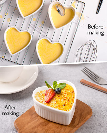 DELLING Heart Shaped Ramekins 6 Oz Oven Safe Set of 6, Porcelain Creme Brulee Dishes - Small Baking Bowls for Souffle Dessert Snack Quiche, Valentines Day Gift, White