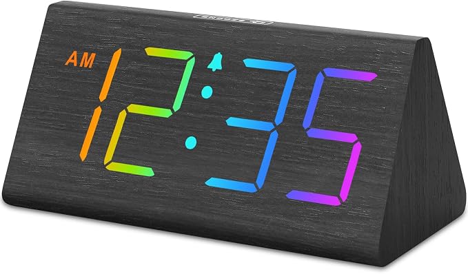 DreamSky Wooden Digital Alarm Clock for Bedroom with RGB Large Numbers | Electric Desk Clock, USB Port, Loud Alarm for Heavy Sleepers, Dimmer and Volume Control, Snooze, Wood Décor, Adapter Powered