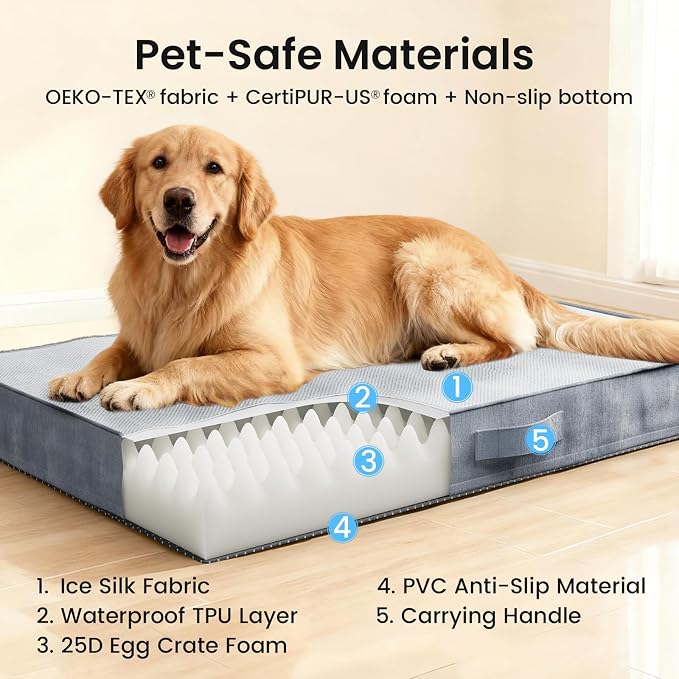 OhGeni Orthopedic Cooling Dog Bed for Large Dogs, Cooling Mat with Machine-Washable Removable Cover in Easy-Clean Fabric, High Density Foam & Easy-Carry Handle, Summer Pad, 44 inch (Gray)