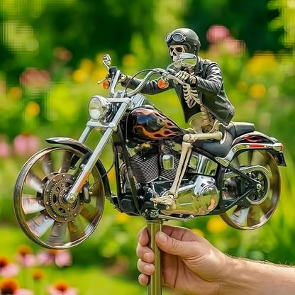 Skeleton Motorcycle Wind Spinner, Biker Skull Windmill Stake with Rotating Wheels, Resin Outdoor Sculpture Ornament for Patio Yard Garden1