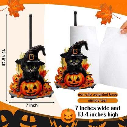 MorningRo Halloween Black Cat Paper Towel Holder Metal Halloween Kitchen Decor Accessories Farmhouse Pumpkin Paper Towel Stand for Countertops Bathroom Cat Pumpkin Gifts