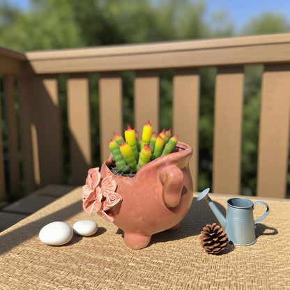FMTITF Ceramic Planter for Succulents & Flowers 4" H, Cracked Rim with Sculptural Appliqué Design, Indoor/Outdoor Glossy Glaze Flower Pot, Drainage Plug & Curved Handles, Compact Tabletop Decor